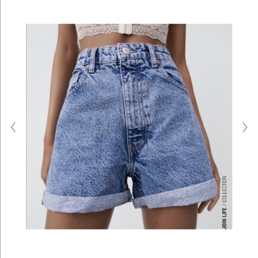ZARA mom fit high waist denim shorts in mid blue color.